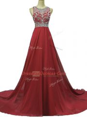 Cheap Burgundy Chiffon Backless Scoop Sleeveless Prom Evening Gown Brush Train Beading