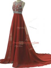 Cheap Burgundy Chiffon Backless Scoop Sleeveless Prom Evening Gown Brush Train Beading