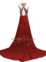Cheap Burgundy Chiffon Backless Scoop Sleeveless Prom Evening Gown Brush Train Beading