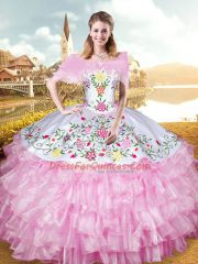 Perfect Rose Pink Sleeveless Organza Lace Up Quince Ball Gowns for Military Ball and Sweet 16 and Quinceanera