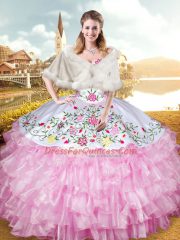 Perfect Rose Pink Sleeveless Organza Lace Up Quince Ball Gowns for Military Ball and Sweet 16 and Quinceanera