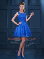 Noble Blue A-line Tulle Scoop Sleeveless Lace and Ruffled Layers Knee Length Zipper Quinceanera Court of Honor Dress