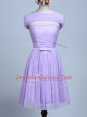 Discount Strapless Sleeveless Vestidos de Damas Mini Length Belt Lavender Tulle