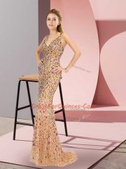 Fashion Champagne Mermaid Tulle Straps Sleeveless Beading Zipper Prom Dresses Brush Train