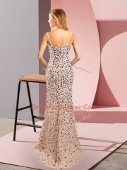 Fashion Champagne Mermaid Tulle Straps Sleeveless Beading Zipper Prom Dresses Brush Train