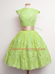 High Class Cap Sleeves Knee Length Belt Lace Up Dama Dress for Quinceanera with Yellow Green