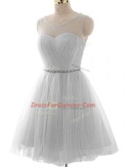 Grey Sleeveless Beading and Ruching Mini Length Homecoming Dress