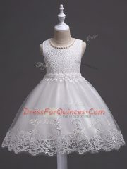 Eye-catching White Tulle Zipper Scoop Sleeveless Knee Length Little Girl Pageant Gowns Lace