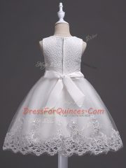 Eye-catching White Tulle Zipper Scoop Sleeveless Knee Length Little Girl Pageant Gowns Lace