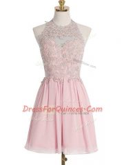 Hot Selling Pink Halter Top Neckline Appliques Dama Dress Sleeveless Lace Up