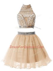 Captivating High-neck Sleeveless Dama Dress for Quinceanera Knee Length Beading Champagne Organza