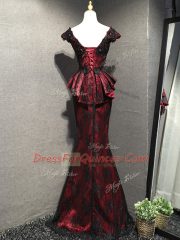 High Quality Red And Black Mermaid Scoop Sleeveless Lace Floor Length Lace Up Lace and Appliques Homecoming Dress