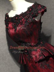 High Quality Red And Black Mermaid Scoop Sleeveless Lace Floor Length Lace Up Lace and Appliques Homecoming Dress