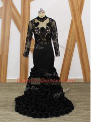 Elegant Black High-neck Backless Beading and Lace and Appliques and Hand Made Flower Prom Evening Gown Brush Train Long Sleeves