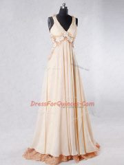 Chiffon Sleeveless Evening Dress Sweep Train and Beading and Lace and Hand Made Flower