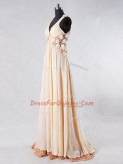 Chiffon Sleeveless Evening Dress Sweep Train and Beading and Lace and Hand Made Flower
