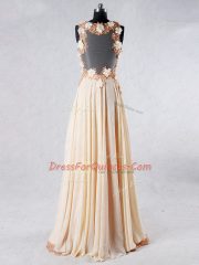 Chiffon Sleeveless Evening Dress Sweep Train and Beading and Lace and Hand Made Flower