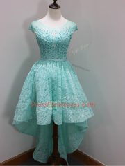 Sweet Lace Scoop Cap Sleeves Zipper Beading and Lace Dama Dress for Quinceanera in Aqua Blue