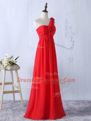 Sleeveless Floor Length Hand Made Flower Lace Up Quinceanera Court of Honor Dress with Red