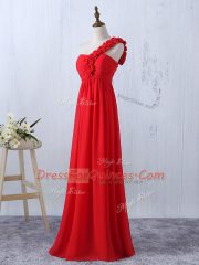 Sleeveless Floor Length Hand Made Flower Lace Up Quinceanera Court of Honor Dress with Red