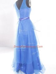 Customized Sleeveless Tulle Floor Length Zipper Prom Gown in Blue with Beading and Ruffled Layers and Belt
