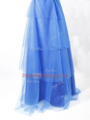 Customized Sleeveless Tulle Floor Length Zipper Prom Gown in Blue with Beading and Ruffled Layers and Belt