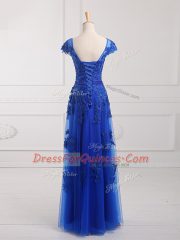 Exquisite Royal Blue Column/Sheath Tulle Scoop Short Sleeves Beading and Lace and Appliques Floor Length Lace Up Prom Gown