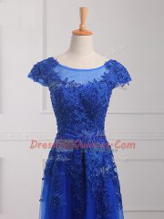 Exquisite Royal Blue Column/Sheath Tulle Scoop Short Sleeves Beading and Lace and Appliques Floor Length Lace Up Prom Gown