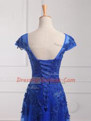 Exquisite Royal Blue Column/Sheath Tulle Scoop Short Sleeves Beading and Lace and Appliques Floor Length Lace Up Prom Gown