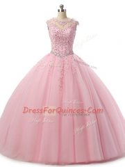 Baby Pink Tulle Lace Up Scoop Sleeveless Floor Length Ball Gown Prom Dress Beading and Lace