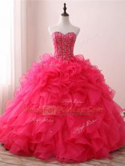 Floor Length Hot Pink Quinceanera Dresses Sweetheart Sleeveless Lace Up