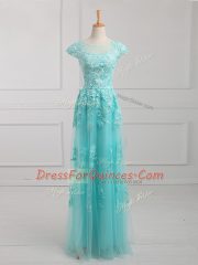 Aqua Blue Lace Up Homecoming Dress Beading and Lace and Appliques Short Sleeves Floor Length