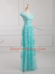 Aqua Blue Lace Up Homecoming Dress Beading and Lace and Appliques Short Sleeves Floor Length
