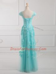Aqua Blue Lace Up Homecoming Dress Beading and Lace and Appliques Short Sleeves Floor Length