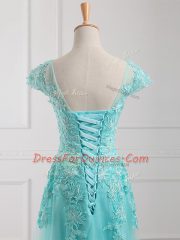Aqua Blue Lace Up Homecoming Dress Beading and Lace and Appliques Short Sleeves Floor Length