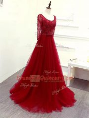 Wine Red Long Sleeves Tulle Brush Train Zipper Prom Dress for Prom and Party