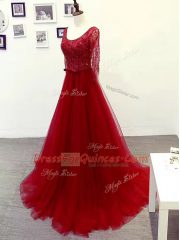 Wine Red Long Sleeves Tulle Brush Train Zipper Prom Dress for Prom and Party
