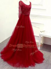 Wine Red Long Sleeves Tulle Brush Train Zipper Prom Dress for Prom and Party