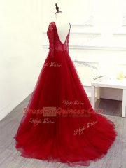 Wine Red Long Sleeves Tulle Brush Train Zipper Prom Dress for Prom and Party