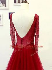 Wine Red Long Sleeves Tulle Brush Train Zipper Prom Dress for Prom and Party