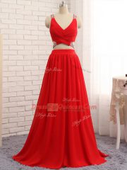 Super Chiffon Sleeveless Prom Evening Gown Brush Train and Beading