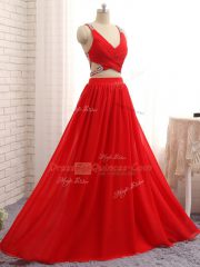 Super Chiffon Sleeveless Prom Evening Gown Brush Train and Beading