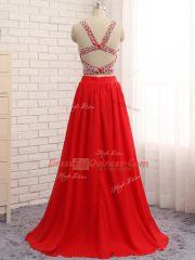 Super Chiffon Sleeveless Prom Evening Gown Brush Train and Beading