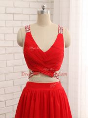 Super Chiffon Sleeveless Prom Evening Gown Brush Train and Beading