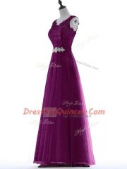 Lovely Purple Empire V-neck Sleeveless Tulle Floor Length Zipper Beading and Lace Prom Party Dress
