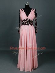Amazing Pink V-neck Zipper Lace and Appliques Homecoming Dress Long Sleeves