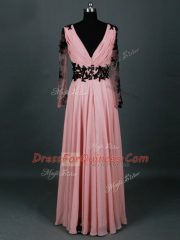 Amazing Pink V-neck Zipper Lace and Appliques Homecoming Dress Long Sleeves