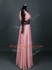 Amazing Pink V-neck Zipper Lace and Appliques Homecoming Dress Long Sleeves