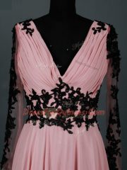 Amazing Pink V-neck Zipper Lace and Appliques Homecoming Dress Long Sleeves
