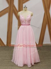 Baby Pink A-line V-neck Sleeveless Chiffon Floor Length Zipper Beading and Embroidery Prom Evening Gown